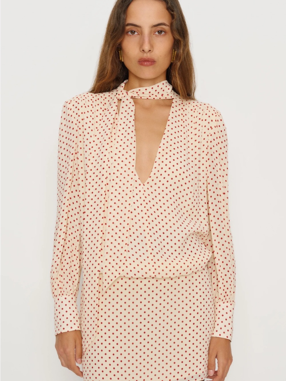 Reformation Marcie Dress Marilyn  Polka Dot Long-Sleeve Mini Dress in Cream/Red - Picture 2 of 6